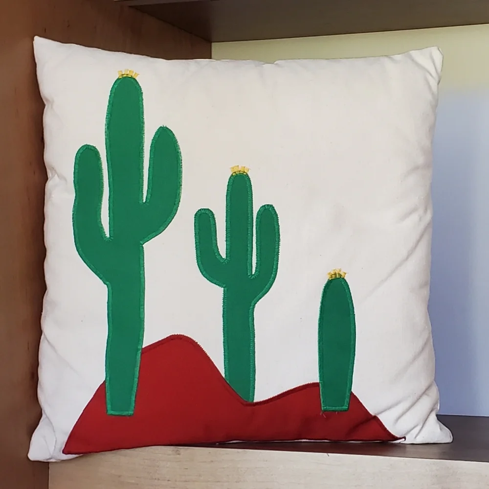 Cotton Canvas Southwest Desert Cactus Embroidered Pillow, 13.5